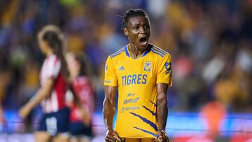 Uchenna Kanu celebrates her goal 2-0 of Tigres during the game Tigres UANL vs Guadalajara corresponding to first leg match of Semifinals of the Torneo Clausura Grita Mexico C22 of Liga BBVA MX Femenil, at Universitario Stadium, on May 13, 2022.
<br><br>
Uchenna Kanu celebra su gol 2-0 de Tigres durante el partido Tigres UANL vs Guadalajara, correspondiente al partido de Ida de Semifinales del Torneo Clausura Grita Mexico C22 de la Liga BBVA MX Femenil, en el Estadio Universitario, el 13 de Mayo de 2022.