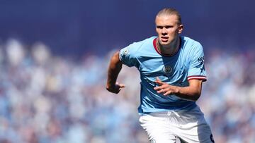 MANCHESTER, ENGLAND - AUGUST 13: Erling Haaland of Manchester City during the Premier League match between Manchester City and AFC Bournemouth at Etihad Stadium on August 13, 2022 in Manchester, United Kingdom. (Photo by Robbie Jay Barratt - AMA/Getty Images)