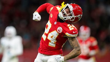 Nov 5, 2023; Frankfurt, Germany, ;  Kansas City Chiefs wide receiver Skyy Moore (24) reacts after catching a pass against the Miami Dolphins in the second quarter during an NFL International Series game at Deutsche Bank Park. Mandatory Credit: Nathan Ray Seebeck-USA TODAY Sports     TPX IMAGES OF THE DAY