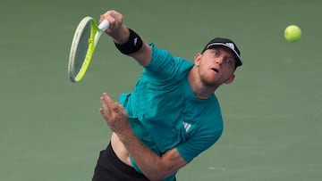 Aug 3, 2025; Toronto, ON, Canada; Alejandro Davidovich Fokina (ESP) serves a ball to Andrey Rublev (not pictured) during round four at Sobeys Stadium. Mandatory Credit: John E. Sokolowski-Imagn Images