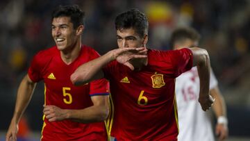 Mikel Merino celebra su gol. Encuentro amistoso entre Seleccion sub 21 España vs Dinamarca, Estadio Nueva Condomina, 23-03-2017