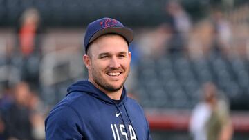 SCOTTSDALE, ARIZONA - MARCH 08: Mike Trout #27 of the United States prepares for a Spring Training exhibition game against the San Francisco Giants at Scottsdale Stadium on March 08, 2023 in Scottsdale, Arizona.   Norm Hall/Getty Images/AFP (Photo by Norm Hall / GETTY IMAGES NORTH AMERICA / Getty Images via AFP)