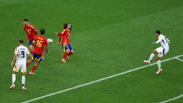 Soccer Football - Euro 2024 - Quarter Final - Spain v - Stuttgart Arena, Stuttgart, - July 5, 2024 's Jamal Musiala shoots onto Spain's Marc Cucurella's hand REUTERS/Leonhard Simon
