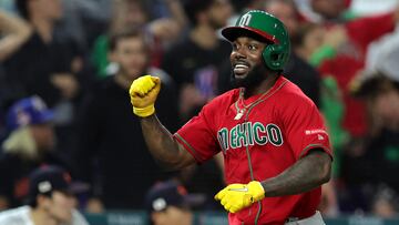 MIAMI, FLORIDA - MARCH 20: Randy Arozarena #56 celebrates on his way to scoring off an Alex Verdugo #27 of Team Mexico double in the eighth inning against Team Japan during the World Baseball Classic Semifinals at loanDepot park on March 20, 2023 in Miami, Florida.   Megan Briggs/Getty Images/AFP (Photo by Megan Briggs / GETTY IMAGES NORTH AMERICA / Getty Images via AFP)