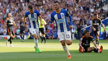 Brighton and Hove Albion's Pascal Gross (centre) celebrates scoring the first goal of the game during the Premier League match at the AMEX Stadium, Brighton. Picture date: Saturday August 27, 2022. (Photo by Gareth Fuller/PA Images via Getty Images)