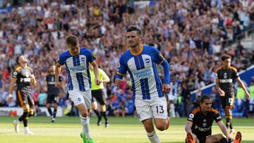 Brighton and Hove Albion's Pascal Gross (centre) celebrates scoring the first goal of the game during the Premier League match at the AMEX Stadium, Brighton. Picture date: Saturday August 27, 2022. (Photo by Gareth Fuller/PA Images via Getty Images)