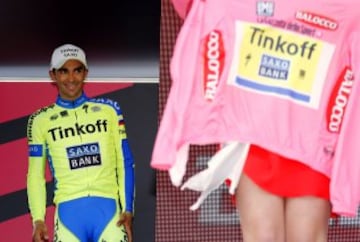 Alberto Contador se viste la maglia rosa de líder en la etapa 5 del Giro entre La Spezia y Abetone.