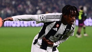 Juventus' Belgian forward #51 Samuel Mbangula celebrates scoring his team's second goal during the UEFA Champions League knockout phase play-off 1st leg football match between Juventus and PSV Eindhoven at the Allianz stadium in Turin, on February 11, 2025. (Photo by Marco BERTORELLO / AFP)