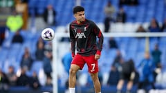 Liverpool (United Kingdom), 24/04/2024.- Luis Diaz of Liverpool warms up before the English Premier League soccer match of Everton FC against Liverpool FC, in Liverpool, Britain, 24 April 2024. (Reino Unido) EFE/EPA/ADAM VAUGHAN EDITORIAL USE ONLY. No use with unauthorized audio, video, data, fixture lists, club/league logos, 'live' services or NFTs. Online in-match use limited to 120 images, no video emulation. No use in betting, games or single club/league/player publications.

