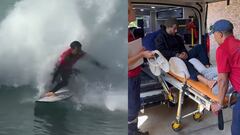 A la izquierda, Italo Ferreira con la rodilla doblada en J-Bay. A la derecha, entrando en camilla a una ambulancia. EL martes 18 de julio del 2023, en Sud&aacute;frica. 