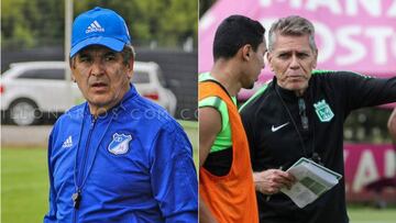 Jorge Luis Pinto durante un entrenamiento de Millonarios y Paulo Autuori en uno de Nacional