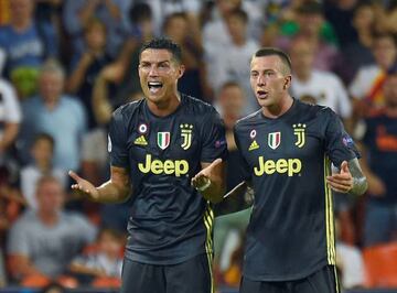 Cristiano Ronaldo reacts after receiving a red card during the UEFA Champions League group H football match between Valencia CF and Juventus FC.