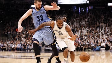 Apr 17, 2017; San Antonio, TX, USA; San Antonio Spurs small forward Kawhi Leonard (2) dribbles the ball as Memphis Grizzlies center Marc Gasol (33) defends during the second half in game two of the first round of the 2017 NBA Playoffs at AT&T Center. Mandatory Credit: Soobum Im-USA TODAY Sports
