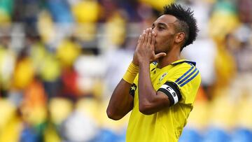 Gabon's forward Pierre-Emerick Aubameyang reacts after missing a goal opportunity during the 2017 Africa Cup of Nations group A football match between Gabon and Burkina Faso at the Stade de l'Amitie Sino-Gabonaise in Libreville on January 18, 20