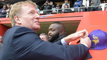 Oct 29, 2017; London, United Kingdom; NFL commissioner Roger Goodell signs autographs during an NFL International Series game between the Minnesota Vikings and the Cleveland Browns at Twickenham Stadium. Mandatory Credit: Kirby Lee-USA TODAY Sports