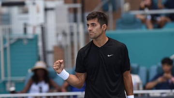 MIAMI GARDENS, FL - MARCH 23: Christian Garin (Chile) wins his match during his first round at the Miami Open on March 23, 2023 at Hard Rock Stadium in Miami Gardens, Florida. (Photo by Michele Eve Sandberg/Icon Sportswire via Getty Images)