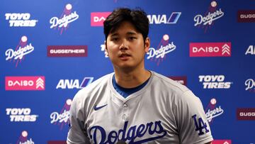 MIAMI, FLORIDA - SEPTEMBER 19: Shohei Ohtani #17 of the Los Angeles Dodgers speaks to the media after a game against the Miami Marlins where he became the first MLB player to have at least 50 home runs and 50 stolen bases in the same season at loanDepot park on September 19, 2024 in Miami, Florida. Megan Briggs/Getty Images/AFP (Photo by Megan Briggs / GETTY IMAGES NORTH AMERICA / Getty Images via AFP)