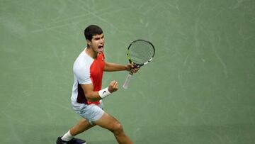 NEW YORK, USA, September 09:   Carlos Alcaraz of Spain reacts during his match against Frances Tiafoe of the United States in the Men's Singles Semi-Final match on Arthur Ashe Stadium during the US Open Tennis Championship 2022 at the USTA National Tennis Centre on September 9th 2022 in Flushing, Queens, New York City.  (Photo by Tim Clayton/Corbis via Getty Images)