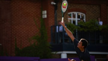 Canada's Milos Raonic serves against Britain's Cameron Norrie during the men's singles round of 32 match at the cinch ATP tennis Championships at Queen's Club in west London on June 17, 2024. (Photo by HENRY NICHOLLS / AFP)