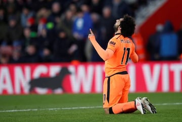Salah, celebrates after scoring against Southampton - one of the 32 goals he has scored so far this season