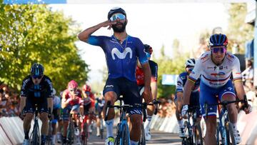 SAN JUAN, ARGENTINA - JANUARY 25: (EDITOR'S NOTE: Alternate crop) Fernando Gaviria of Colombia and Movistar Team celebrates at finish line as stage winner ahead of Peter Sagan of Slovakia and Team Total Energies and Filippo Ganna of Italy, Team INEOS Grenadiers and Niklas Märkl of Germany and Team DSM during the 39th Vuelta a San Juan International 2023, Stage 4 a 196,5km stage from Autodrómo de Villicum to Barreal / #VueltaSJ2023 / on January 25, 2023 in San Juan, Argentina. (Photo by Maximiliano Blanco/Getty Images)