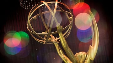 (FILES)This file double exposure photo shows the Emmy Awards statue during the 71st Emmy Awards Governors Ball press preview in Los Angeles, California on September 12, 2019. - Television's top stars will gather in person for the first time in two ye