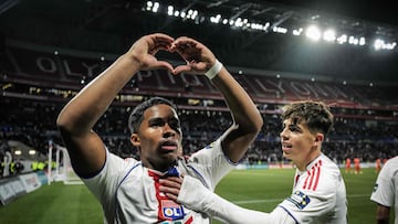 Lyon�s Brazilian forward #09 Endrick celebrates celebrates scoring his team's first goal during the French Cup round of 16 football match between Olympique Lyonnais and Laval Stade Mayenne FC at Groupama Stadium in Lyon on February 4, 2026. (Photo by OLIVIER CHASSIGNOLE / AFP)
