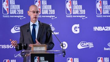 Jan 17, 2019; London, ENG; NBA commissioner Adam Silver gives a pre game press conference before the game between the New York Knicks and Washington Wizards at The O2 Arena. Mandatory Credit: Steve Flynn-USA TODAY Sports