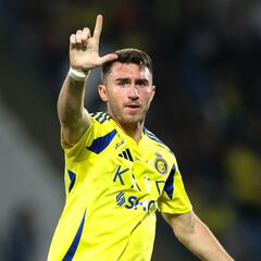 Nassr's French defender #27 Aymeric Laporte celebrates after scoring his team's first goal during the Saudi Pro League football match between Damac and Al-Nassr at Prince Sultan bin Abdulaziz Sports City in Abha on April 22, 2025. (Photo by AFP)