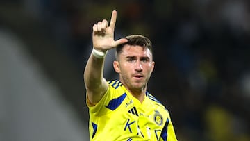 Nassr's French defender #27 Aymeric Laporte celebrates after scoring his team's first goal during the Saudi Pro League football match between Damac and Al-Nassr at Prince Sultan bin Abdulaziz Sports City in Abha on April 22, 2025. (Photo by AFP)