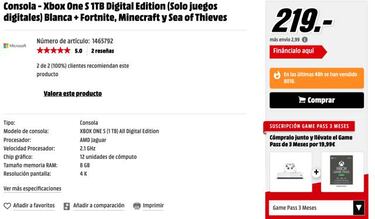 Black Friday: más de 8.000 unidades vendidas de Xbox One S All-Digital en Media Markt