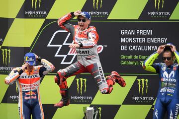 Jorge Lorenzo, Valentino Rossi y Marc Márquez en el pódium del Gran Premio de Cataluña. 