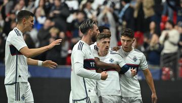 Nov 3, 2024; Vancouver, British Columbia, CAN; Vancouver Whitecaps midfielder Ryan Gauld (25) celebrates a goal with teammates in the first half against the LAFC at BC Place. Mandatory Credit: Anne-Marie Sorvin-Imagn Images