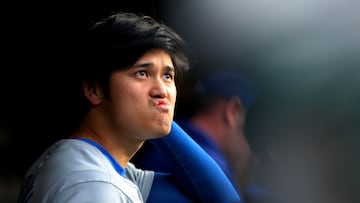 CHICAGO, ILLINOIS - APRIL 07: Shohei Ohtani #17 of the Los Angeles Dodgers looks on during the seventh inning against the Chicago Cubs at Wrigley Field on April 07, 2024 in Chicago, Illinois.   Michael Reaves/Getty Images/AFP (Photo by Michael Reaves / GETTY IMAGES NORTH AMERICA / Getty Images via AFP)