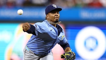 PHILADELPHIA, PENNSYLVANIA - SEPTEMBER 10: Edwin Uceta #63 of the Tampa Bay Rays pitches during the eighth inning against the Philadelphia Phillies at Citizens Bank Park on September 10, 2024 in Philadelphia, Pennsylvania. Tim Nwachukwu/Getty Images/AFP (Photo by Tim Nwachukwu / GETTY IMAGES NORTH AMERICA / Getty Images via AFP)