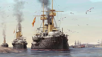 Pintura del acorazado Pelayo en el Canal de Suez.