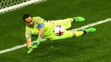 KAZAN, RUSSIA - JUNE 28:  Claudio Bravo of Chile saves Portugal second penatly during the penalty shoot out during the FIFA Confederations Cup Russia 2017 Semi-Final between Portugal and Chile at Kazan Arena on June 28, 2017 in Kazan, Russia.  (Photo by Laurence Griffiths/Getty Images)