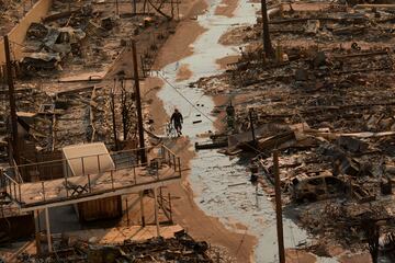 Una persona camina con una bicicleta en medio de la destrucci¨®n que dej¨® el incendio Palisades en el vecindario Pacific Palisades de Los ?ngeles.
