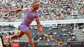 Spain's Rafael Nadal hits a return to Belgium's Zizou Bergs at the Men's ATP Rome Open tennis tournament at Foro Italico in Rome on May 9, 2024. (Photo by Andreas SOLARO / AFP)
