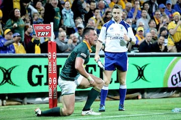 Jesse Kriel of the Springboks celebrates after scoring a try during the Rugby Championship match against the Australian Wallabies.