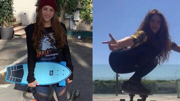 Shakira posando con gorro y un surfskate azul de la marca Hydroponic y patinando con él en casa durante el coronavirus.