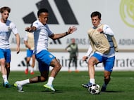 MADRID, SPAIN - APRIL 06: Arda Guler and Eder Militao players of Real Madrid are training at Ciudad Real Madrid on April 06, 2026 in Madrid, Spain. (Photo by Victor Carretero/Real Madrid via Getty Images)