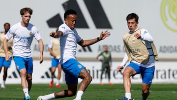 MADRID, SPAIN - APRIL 06: Arda Guler and Eder Militao players of Real Madrid are training at Ciudad Real Madrid on April 06, 2026 in Madrid, Spain. (Photo by Victor Carretero/Real Madrid via Getty Images)