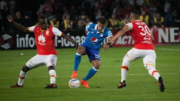 Jhon Duque ante la marca de Baldomero Perlaza y Yeison Gordillo en el partido de vuelta de la final de la Liga Águila II-2017