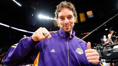 LOS ANGELES, CA - OCTOBER 27: Pau Gasol #16 of the Los Angeles Lakers smiles after receiving his championship ring before the season opening game against the Los Angeles Clippers at Staples Center on October 27, 2009 in Los Angeles, California. NOTE TO US