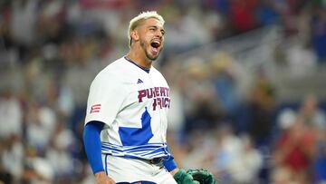 MIAMI, FLORIDA - MARCH 13: Jose De Leon #87 of Puerto Rico celebrates after leaving the game in the sixth inning against Israel at loanDepot park on March 13, 2023 in Miami, Florida. Eric Espada/Getty Images/AFP (Photo by Eric Espada / GETTY IMAGES NORTH AMERICA / Getty Images via AFP)
