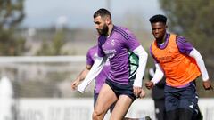 MADRID, SPAIN - MARCH 13: Karim Benzema of Real Madrid in action during a training session at the Valdebebas training ground on March 13, 2023 in Madrid, Spain. (Photo by Antonio Villalba/Real Madrid via Getty Images)