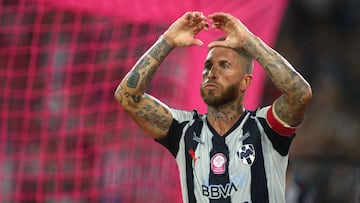 Monterrey's Spanish defender #93 Sergio Ramos celebrates after scoring the equalising goal from the penalty spot during the Liga MX Apertura football tournament match between Monterrey and Pumas at BBVA Stadium in Monterrey, Nuevo Leon state, Mexico on October 18, 2025. (Photo by Julio Cesar AGUILAR / AFP)