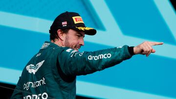 MIAMI, FLORIDA - MAY 07: Third placed Fernando Alonso of Spain and Aston Martin F1 Team celebrates on the podium during the F1 Grand Prix of Miami at Miami International Autodrome on May 07, 2023 in Miami, Florida.   Chris Graythen/Getty Images/AFP (Photo by Chris Graythen / GETTY IMAGES NORTH AMERICA / Getty Images via AFP)