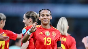 Bern, Switzerland - July 3: Vicky Lopez of Spain celebrates after scoring her team's second goal during the UEFA Womens EURO 2025 Group B match between Spain and Portugal at Stadion Wankdorf on July 3, 2025 in Bern, Switzerland. (Photo by Harry Langer/DeFodi Images/DeFodi via Getty Images)